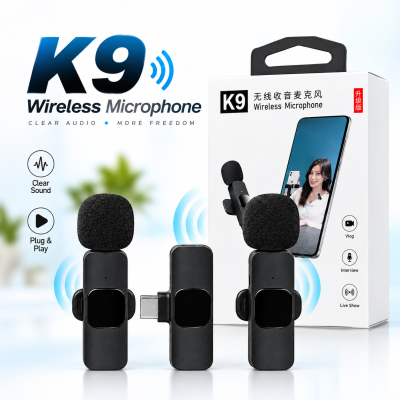 Wireless K9 Lavalier Microphone – 2.4GHz Clip-On Mic with 9ms Ultra-Low Latency, 20M Range, Intelligent Noise Reduction & 10H Battery for Mobile & Camera